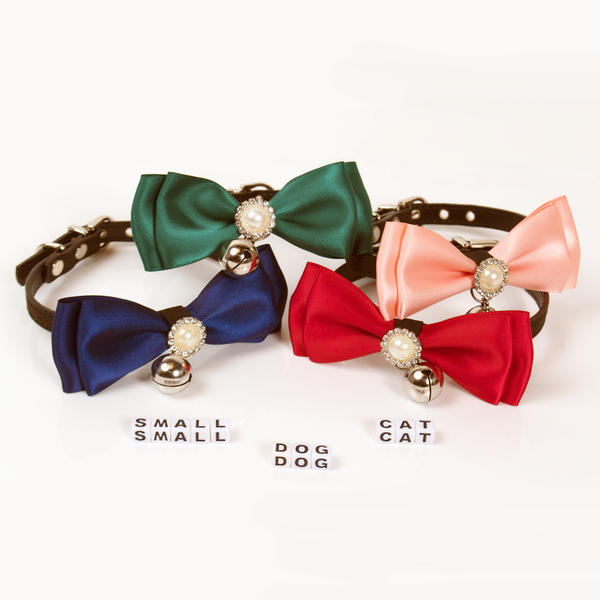 Handmade Satin Bowtie Dog Cat Collar with Pearls and Rhinestones. Makes your pup pop at any celebration, wedding or get togethe
