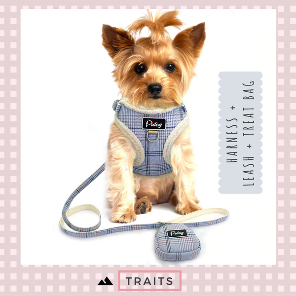 Dual Clip Plaid Harness with Leash and Treat Zip Bag Set - No-Pull, No-Choke with Soft Sherpa Trim for Small dog or cat.