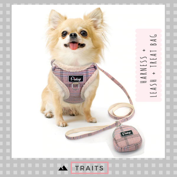 Dual Clip Plaid Harness with Leash and Treat Zip Bag Set - No-Pull, No-Choke with Soft Sherpa Trim for Small dog or cat.
