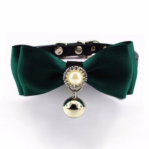 Handmade Satin Bowtie Dog Cat Collar with Pearls and Rhinestones. Makes your pup pop at any celebration, wedding or get together.