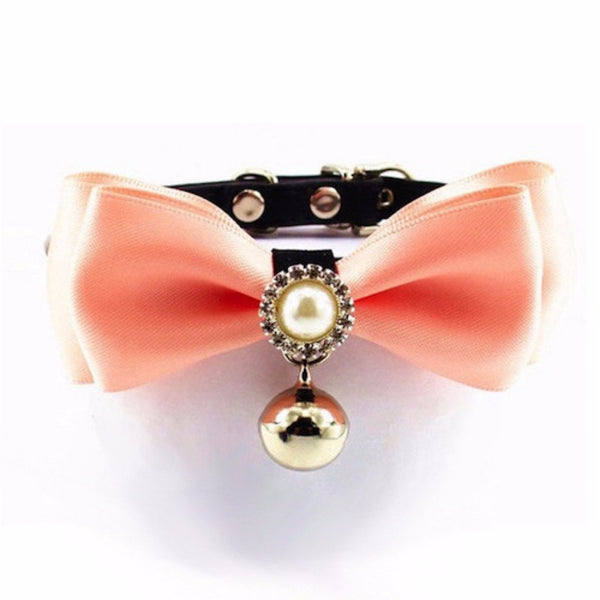 Handmade Satin Bowtie Dog Cat Collar with Pearls and Rhinestones. Makes your pup pop at any celebration, wedding or get together.