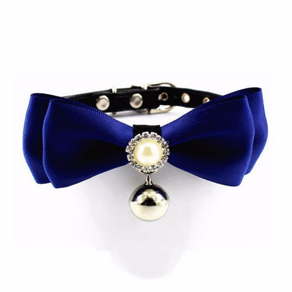 Handmade Satin Bowtie Dog Cat Collar with Pearls and Rhinestones. Makes your pup pop at any celebration, wedding or get together.