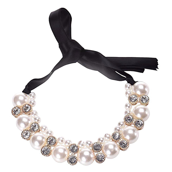 Pearl Rhinestone Necklace with Satin Band