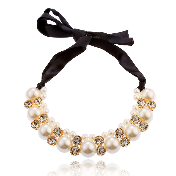 Pearl Rhinestone Necklace with Satin Band