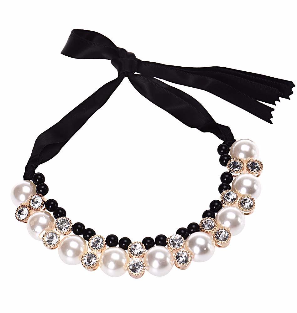 Pearl Rhinestone Necklace with Satin Band