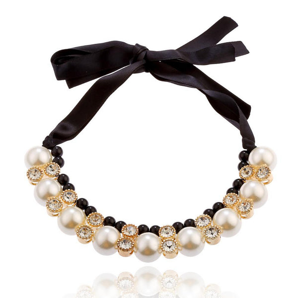 Pearl Rhinestone Necklace with Satin Band