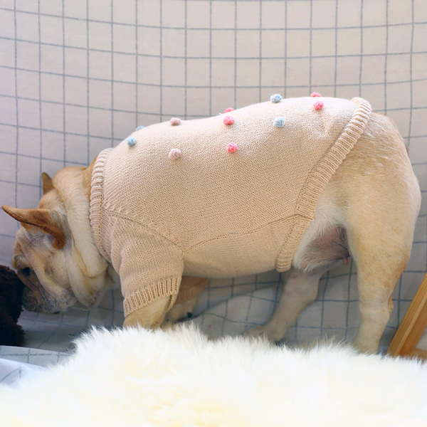 Lighthearted and playful Pom Pom Pullover Dog Cat Sweater is great for any time of the year. In this happy style super soft sweater your pet will be cozy and comfortable. Get your pet ready for the holidays!