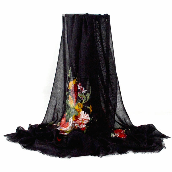 Super-Soft Pashmina Wool Scarf Wrap Shawl - Frayed Edge, Black with Flowers