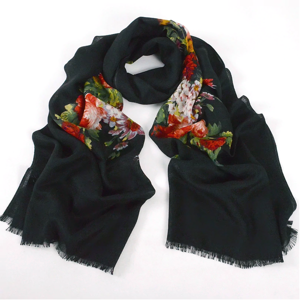 Super-Soft Pashmina Wool Scarf Wrap Shawl - Frayed Edge, Black with Flowers