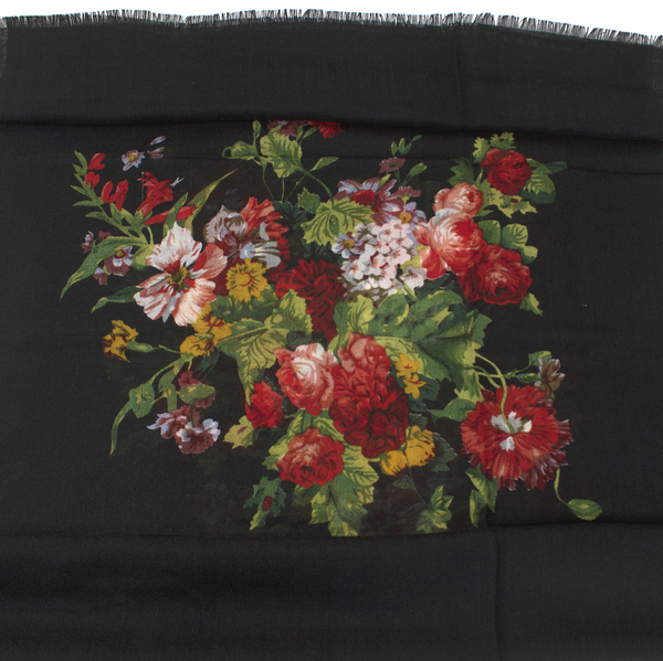 Super-Soft Pashmina Wool Scarf Wrap Shawl - Frayed Edge, Black with Flowers
