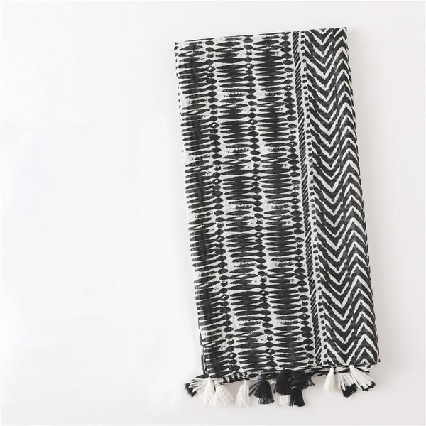 Black and White Monochrome Print Scarf Shawl Wrap with Tassels
