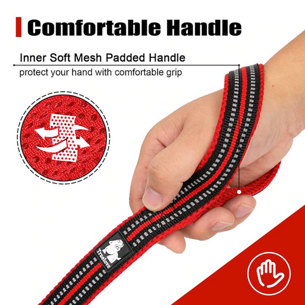 Well-constructed Reflective Dog's Soft Padded Leash with High-strength Swivel Hook is made of premium quality, weatherproof materials and durable hardware. Safe, comfortable, convenient and durable for walking, running, hiking and training.  This leash is a Perfect match for TRAITS's Brite Vibes Reflective Dog's Vest Harness for Larger Breeds