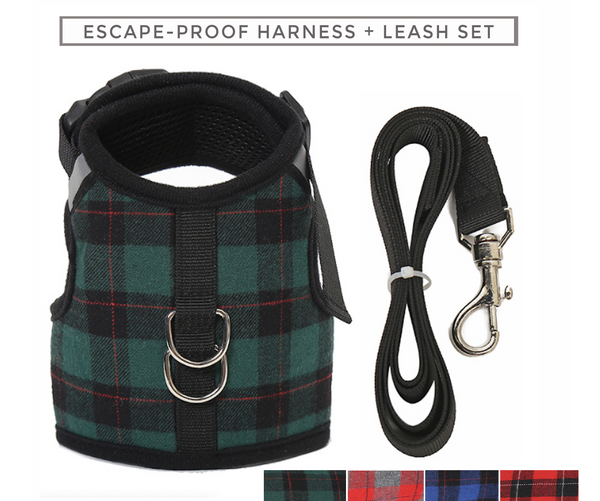 Super Soft with mesh lining this Naughty Plaid Vest Harness and Leash Set is made for Dog and Cat. Escape-proof buckle is for naughty wigglers. This harness is Not Intended for strong pullers.