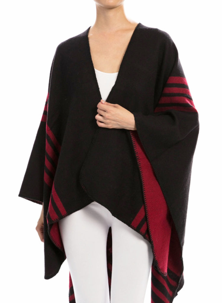 Reversible Black or Burgundy Poncho Shawl with Stripe