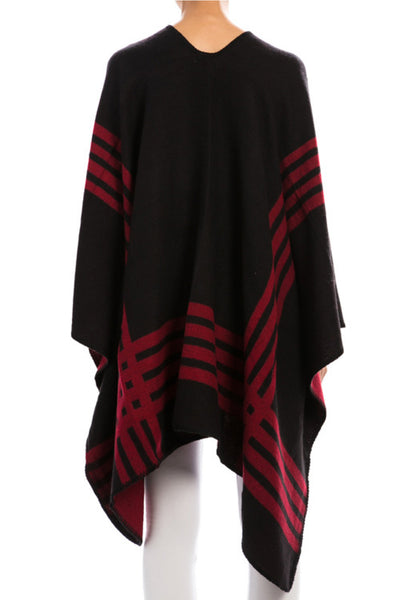 Reversible Black or Burgundy Poncho Shawl with Stripe
