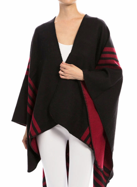 Reversible Black or Burgundy Poncho Shawl with Stripe