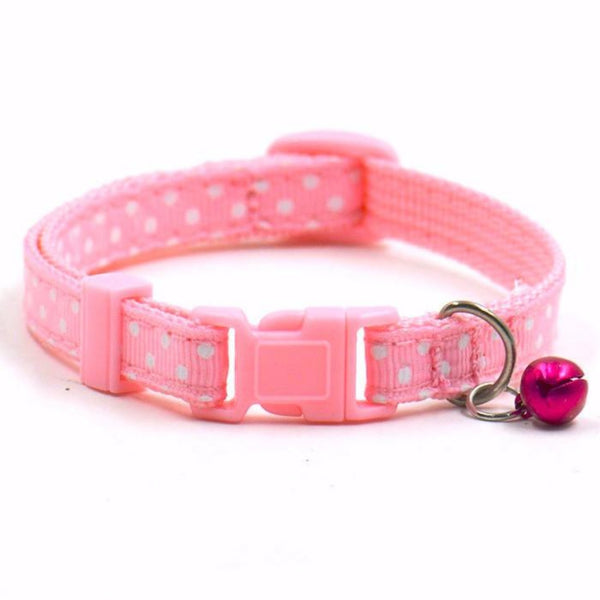 Lightweight and well-made Small Dog Cat Collar with a Bell: a polka-dot pattern or solid pattern with reflective stripe. For a cat, kitten, little puppy, a teacup or any four-legged friend.