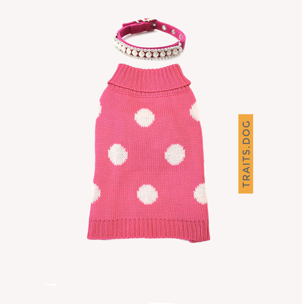 Splendor Dress-Up Set - Pink Polka Dot Dog Cat Sweater and Pearl Collar for Small Pet