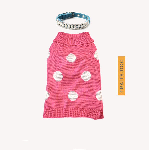 Splendor Dress-Up Set - Pink Polka Dot Dog Cat Sweater and Pearl Collar for Small Pet