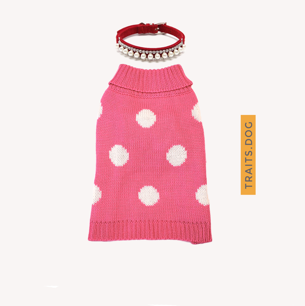 Splendor Dress-Up Set - Pink Polka Dot Dog Cat Sweater and Pearl Collar for Small Pet