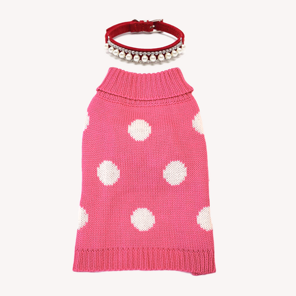 Power the Pink and Bring the Bling! Pair the TRAITS Soft, well-made and adorable Pink Polka Dot Dog Cat Sweater with the Pearl and Rhinestones dress-up Collar. This Splendor Dress-Up Set is made with LOVE for teacups and small breeds. Don't forget to check the measurements.
