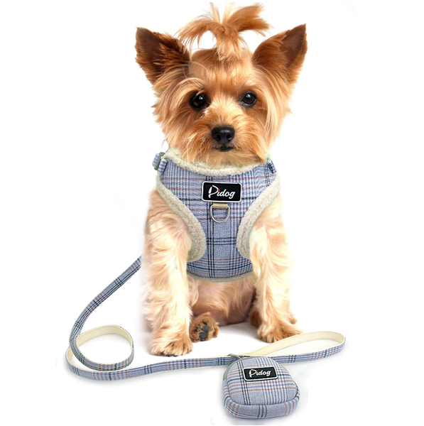 Dual Clip Plaid Harness with Leash and Treat Zip Bag Set - No-Pull, No-Choke with Soft Sherpa Trim for Small dog or cat.