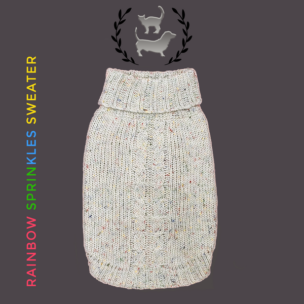 Colorful, designer-inspired Rainbow Sprinkles Cable-Knit Sweater from TRAITS makes your dog or cat stand out this holiday season and throughout the year. Classic cream color yarn with a Holiday Confetti look for any occasion: family photos, get together or fun media pics.