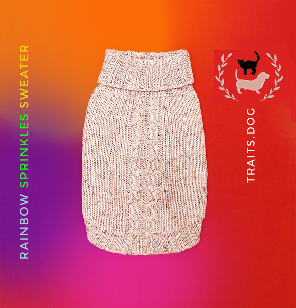 Colorful, designer-inspired Rainbow Sprinkles Cable-Knit Sweater from TRAITS makes your dog or cat stand out this holiday season and throughout the year. Classic cream color yarn with a Holiday Confetti look for any occasion: family photos, get together or fun media pics.