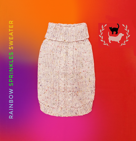 Colorful, designer-inspired Rainbow Sprinkles Cable-Knit Sweater from TRAITS makes your dog or cat stand out this holiday season and throughout the year. Classic cream color yarn with a Holiday Confetti look for any occasion: family photos, get together or fun media pics.