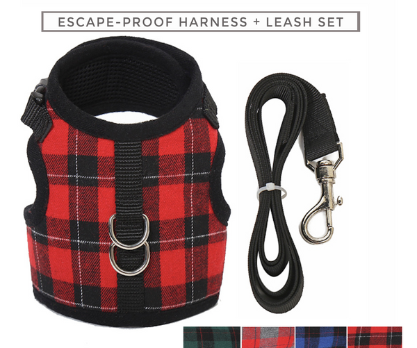 Super Soft with mesh lining this Naughty Plaid Vest Harness and Leash Set is made for Dog and Cat. Escape-proof buckle is for naughty wigglers. This harness is Not Intended for strong pullers.
