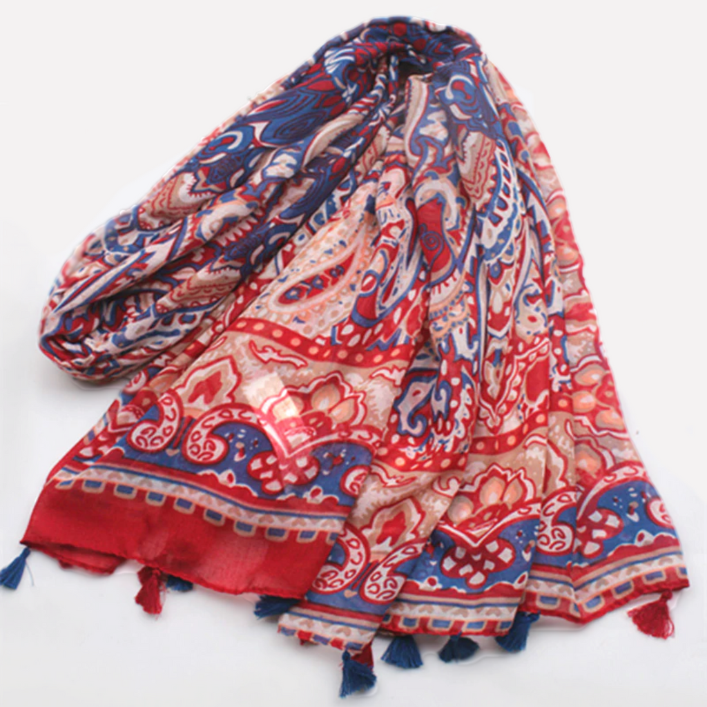 Spanish Motif Bohemian Floral Print Scarf Shawl Wrap with Tassels - Deep Red and Blue