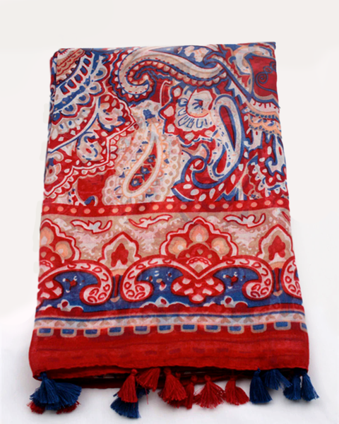 Spanish Motif Bohemian Floral Print Scarf Shawl Wrap with Tassels - Deep Red and Blue
