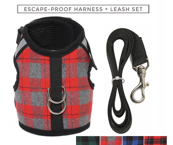Super Soft with mesh lining this Naughty Plaid Vest Harness and Leash Set is made for Dog and Cat. Escape-proof buckle is for naughty wigglers. This harness is Not Intended for strong pullers.