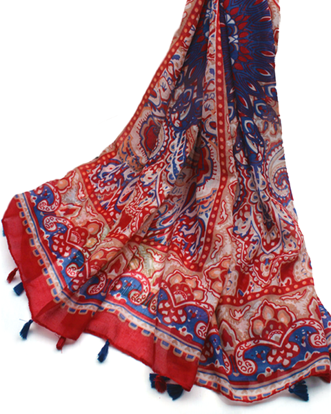 Spanish Motif Bohemian Floral Print Scarf Shawl Wrap with Tassels - Deep Red and Blue