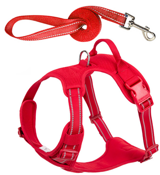 Well-constructed Reflective, Dual Clip Vest Dog's harness with Handle and Leash are made of premium quality, weatherproof materials and durable hardware. No Pull, No Choke - Safe, comfortable, convenient and durable for walking, running, hiking and riding in vehicles.