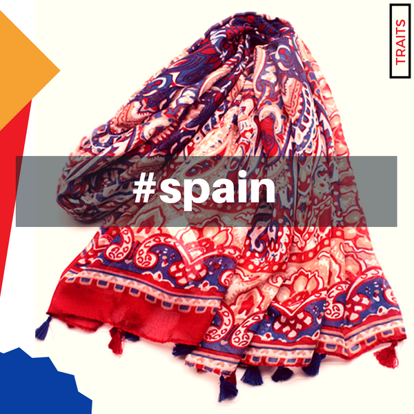 Spanish Motif Bohemian Floral Print Scarf Shawl Wrap with Tassels - Deep Red and Blue