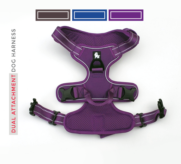 Well-fit Reflective, Dual Clip Dog Vest Harness with Handle is made of premium quality, weatherproof materials and durable hardware. No Pull, No Choke - Safe, comfortable, convenient and durable for walking, running, hiking and riding in vehicles. The dual clip: back D-ring and chest O-ring allow owners greater control over their dogs while on walks. ^NOT RECOMMENDED FOR DOGS UNDER 10 LBS^