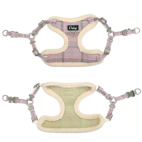 Preppy Puppy - Dual Clip Plaid Harness with Leash and Treat Zip Bag Set