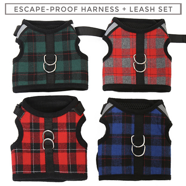 Super Soft with mesh lining this Naughty Plaid Vest Harness and Leash Set is made for Dog and Cat. Escape-proof buckle is for naughty wigglers. This harness is Not Intended for strong pullers.