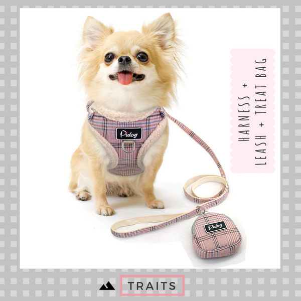 Dual Clip Plaid Harness with Leash and Treat Zip Bag Set - No-Pull, No-Choke with Soft Sherpa Trim for Small dog or cat. 