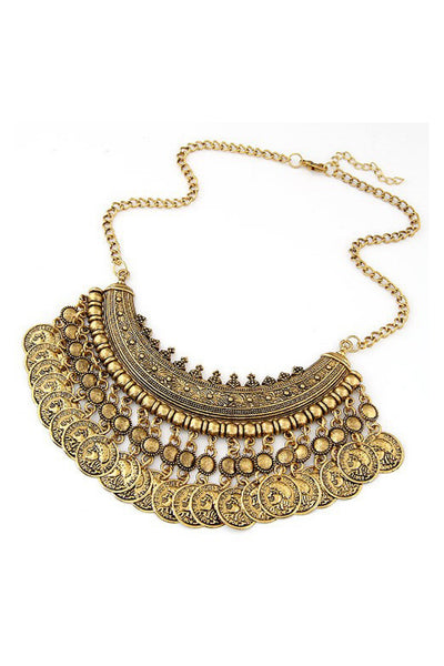 Bohemian Style Coin Necklace in antique gold finish with intricate details.