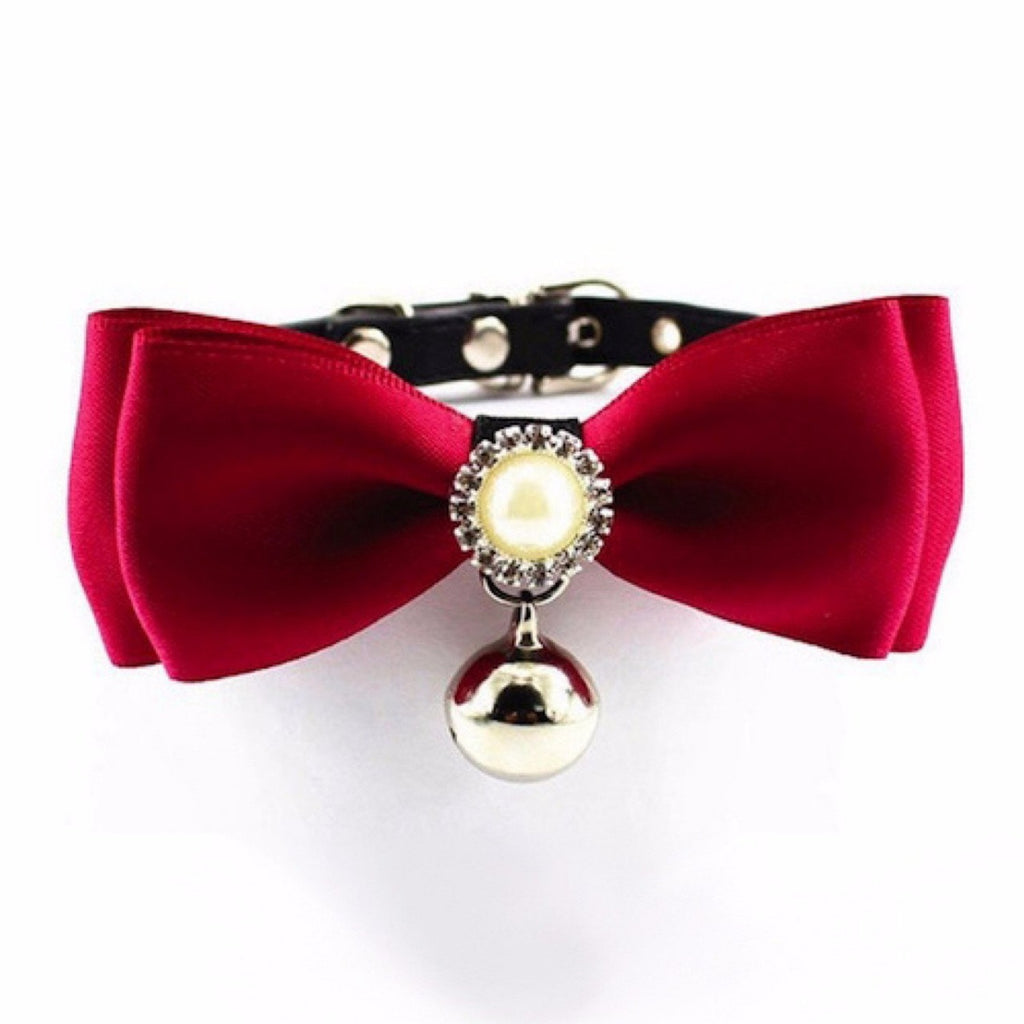Handmade Satin Bowtie Dog Cat Collar with Pearls and Rhinestones. Makes your pup pop at any celebration, wedding or get together.