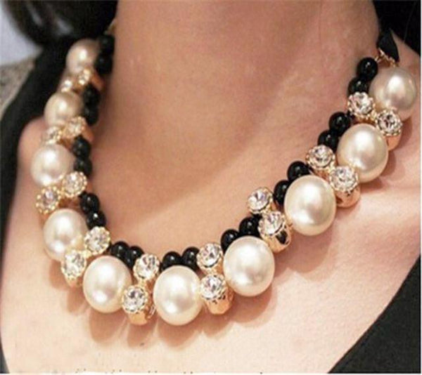 Pearl Rhinestone Necklace with Satin Band