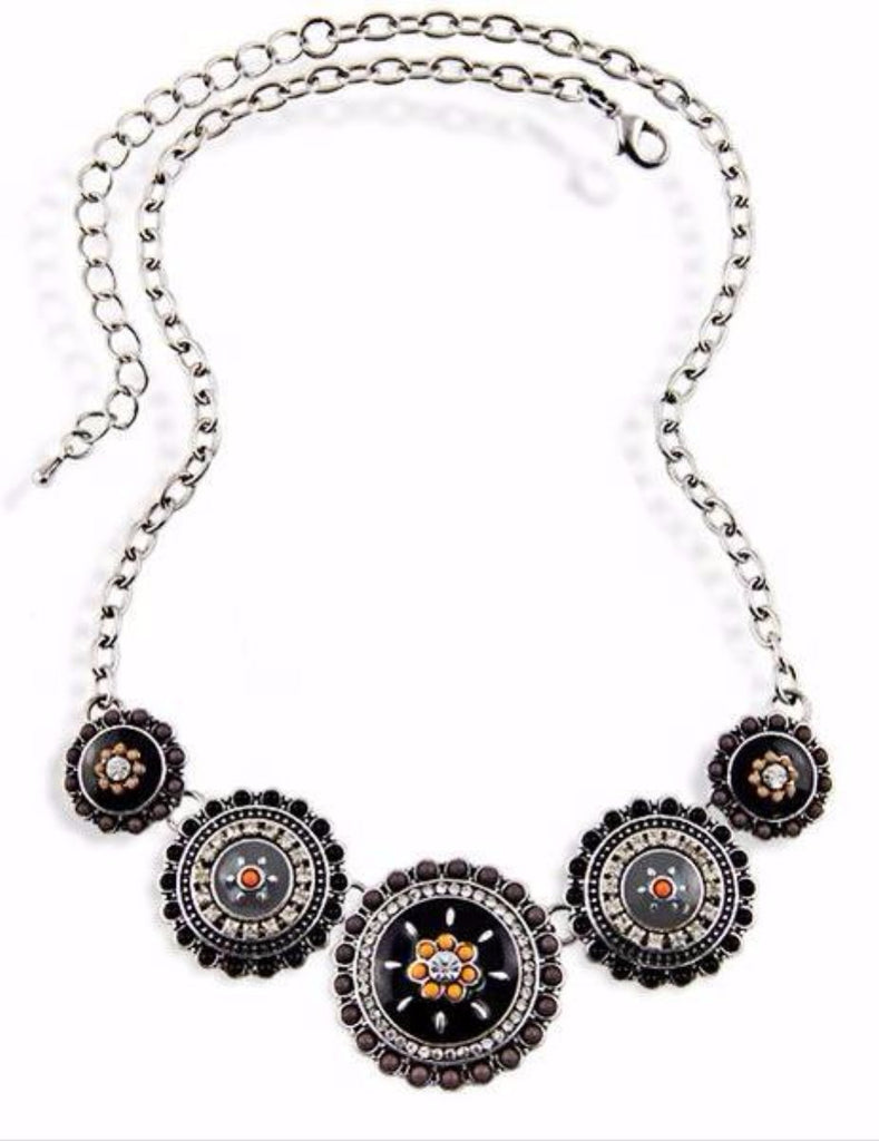 Vintage Style Black Enamel Necklace with Crystals