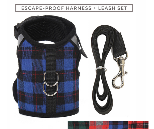 Super Soft with mesh lining this Naughty Plaid Vest Harness and Leash Set is made for XXS - Large Dog and Cat. Escape-proof buckle is for naughty wigglers. This harness is Not Intended for strong pullers.