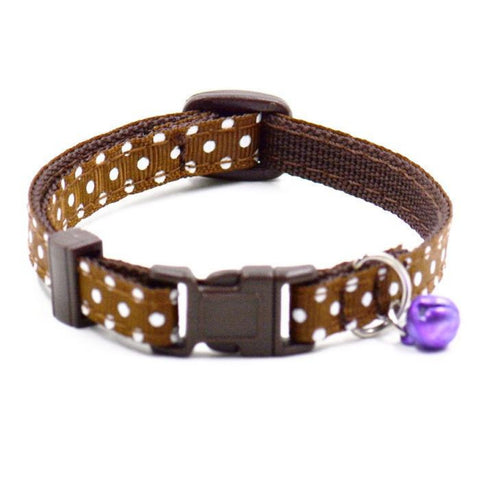 Lightweight and well-made Small Dog Cat Collar with a Bell: a polka-dot pattern or solid pattern with reflective stripe. For a cat, kitten, little puppy, a teacup or any four-legged friend.