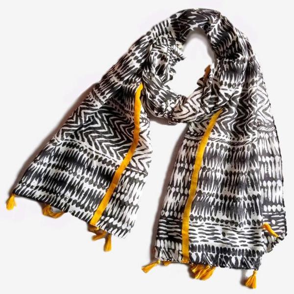 Black and White Monochrome Print Scarf Shawl Wrap with Amber Color Stripe and Tassels