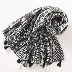 Black and White Monochrome Print Scarf Shawl Wrap with Tassels