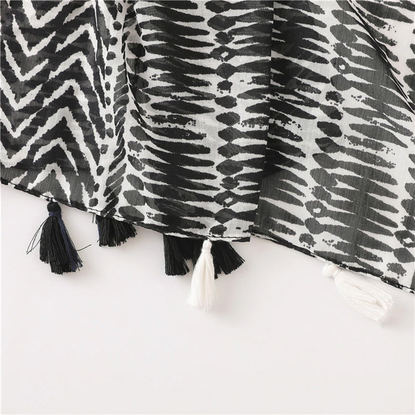 Black and White Monochrome Print Scarf Shawl Wrap with Tassels