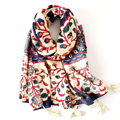 Multi Colored Foulard Floral Print Scarf Shawl Wrap with Tassels
